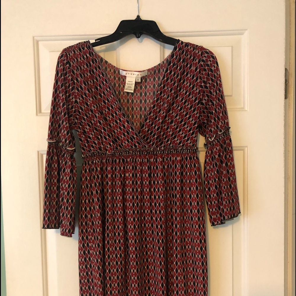 Red multi color knee length dress, princess sleeve , V neck